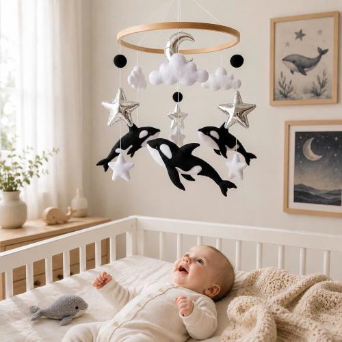 Orca Baby Mobile, Whale Nursery Mobile, Felt Crib Mobile, Black and White Baby Mobile, Ocean Nursery Decor, Baby Shower Gift, Newborn Gift