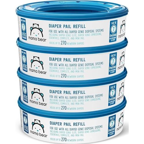 Amazon Brand - Mama Bear Diaper Pail Refills with Odor Control for Diaper Genie Pails, Unscented, 1080 Count (4 Packs of 270 Count)