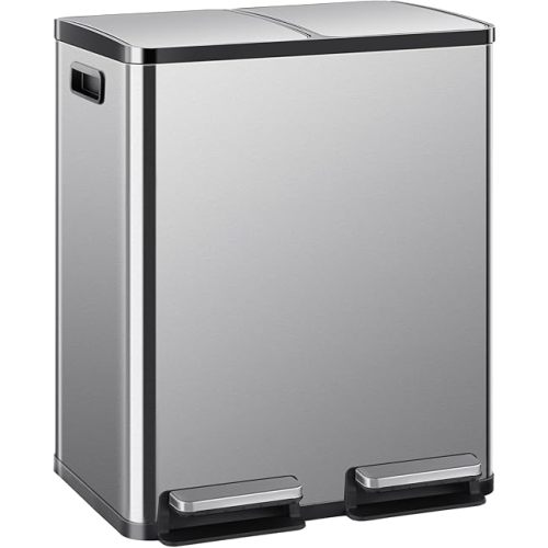 DUMOS Kitchen Trash Can, 2×8-Gallon Garbage Can with Lid, Stainless Steel Trash Bin with 2 Removable Inner Buckets, Soft-Close Foot Pedal, Fingerprint-Resistant for Kitchen Home Office