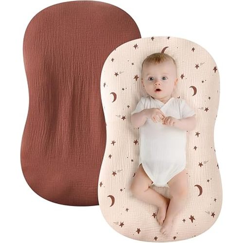 Baby Lounger Cover 2 Pack, 100% Organic Cotton Muslin, Soft & Breathable Newborn Lounger Slipcover, Fits Most Infant Loungers, Machine Washable, Neutral & Cute Designs Star