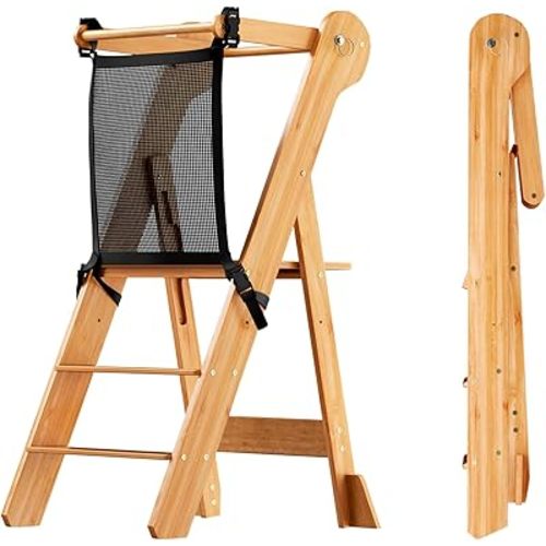 COSYLAND Foldable Toddler Standing Tower - Adjustable Height Folding Step Stool Kids Toddler Kitchen Stool for Learning and Cooking - Ages 18 Months to 6 Years with Safety Net Natural