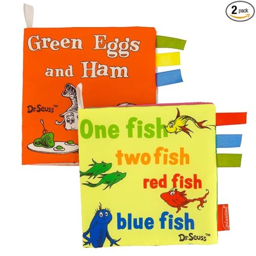Infantino Dr. Seuss Soft Activity Books, One Fish Two Fish Red Fish Blue Fish & Green Eggs and Ham, Baby Cloth Books with Colorful Pages and Satin Tags for Infants & Toddlers 0+ Months, 2-Pack