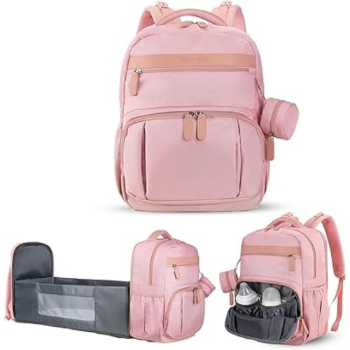 Baby Diaper Bag Backpack with Changing Station, 28Liters Capacity Nylon Baby Registry Mom Bags, Travel Friendly Unisex Bag, Essential Bag with Insulated Pockets, Pink