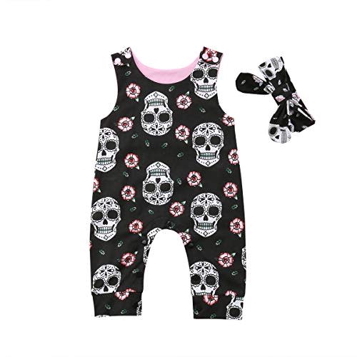 Muasaaluxi Newborn Baby Girls Boys Skull Floral Romper Jumpsuit Sleeveless Bodysuit Playsuit Headband Halloween Outfit