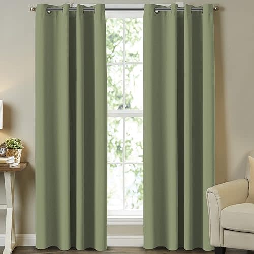 Turquoize Bedroom Blackout Curtains Panels Noise Reducing Thermal Insulated Solid Ring Top Blackout Window Curtains/Drapes, Energy Saving Nursery Curtains, 2 Panels, 52" W x 84" L, Sage