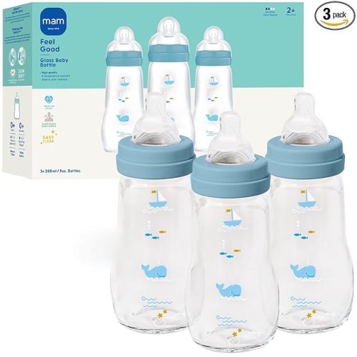 MAM 9oz Premium Glass Wide Neck Baby Bottle with Medium Flow Breastfeeding-Like Silicone Nipple, Easy to Clean, BPA Free, 2+ Months, Easy Switch Between Breast and Bottle, Made in Europe, 3 Pack