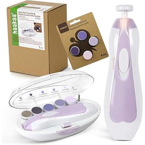 haakaa Baby Nail Trimmer Electric Baby Nail Clippers Kit for Newborn, Toddler or Adults Fingernails and Toenails Care, Baby Nail Care Set & Extra 4 Replacement Pads Combo - Lavender