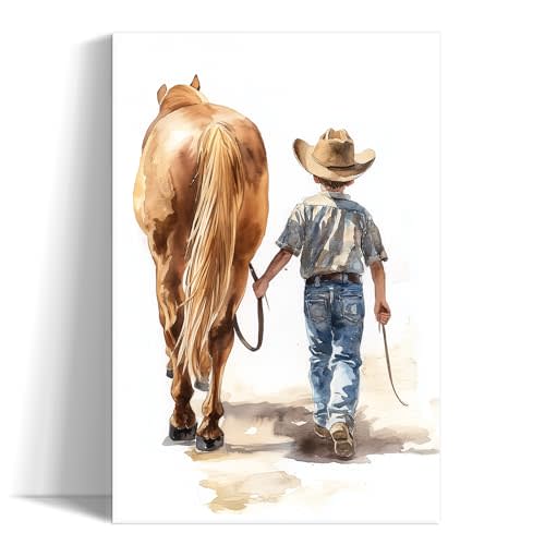 OLUNMILA Western Cowboy Wall Art Nursery Wall Decor Cowboy Boy with Horse Canvas Print Country Kids Picture Artwork for Baby Boy Bedroom Playroom Decor Framed Ready to Hang(12"x18")