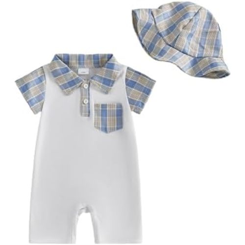 VSQWLZT Newborn Infant Baby Boy Summer Outfit Short Sleeve Button Down Shirt Onesie Plaid Patchwork Romper Jumpsuit + Hat