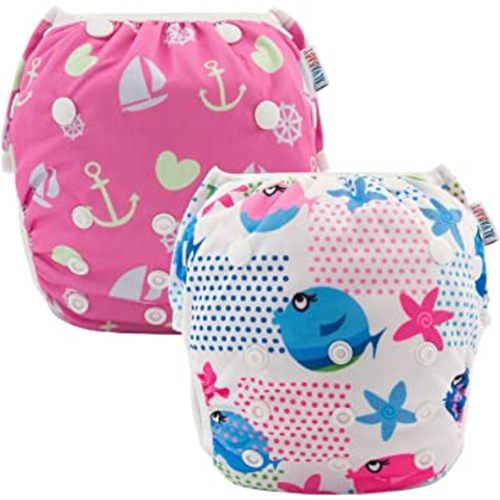 ALVABABY Swim Diapers 2pcs Baby & Toddler Snap One Size Reusable Adjustable Swim Diapers for Swim Classes SW09-10
