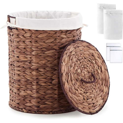 Round Water Hyacinth Laundry Hamper with Lid Handwoven Wicker Basket with Handles for Dirty Clothes, Storage, and Organization, No Assembly Required, 40L