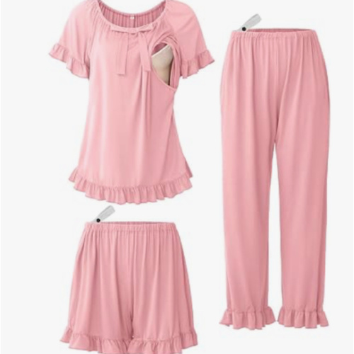 SUNNYBUY 3 PCS Ruffle Nursing Pajamas Set with Bow, Maternity Sleepwear | Cute Design, Hidden Nursing Access, Adjustable Pants & Shorts, Breastfeeding PJS, Pregnancy to Postpartum
