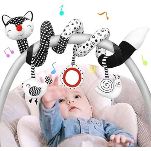 Car Seat Toys Baby Toys 0-6 Months Newborn Toys, Stroller Toys Infant Toys for 0 3 6 9 12 Months Girls Boys Infants, Black and White Baby Toys, High Contrast Baby Toys for Crib Mobile with 2 Sticks