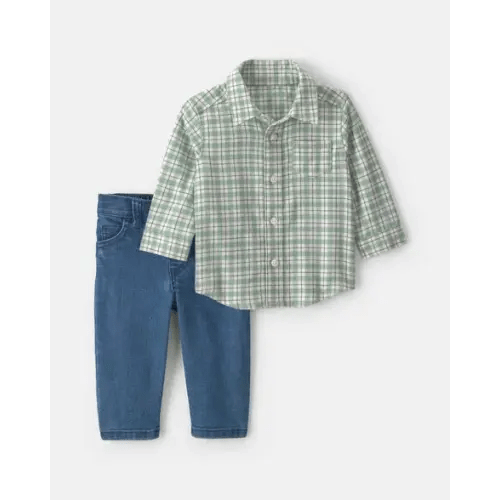 Baby Boy 2-Piece Plaid Flannel Long-Sleeve Top & Pant Set - Green/Indigo | Carter's