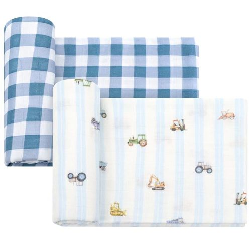LifeTree Baby Swaddle Blankets, Boys Girls Muslin Swaddling Wrap Receiving Blanket for Newborn, 70% Viscose from Bamboo and 30% Cotton, Large 47" x 47", Car and Checkered