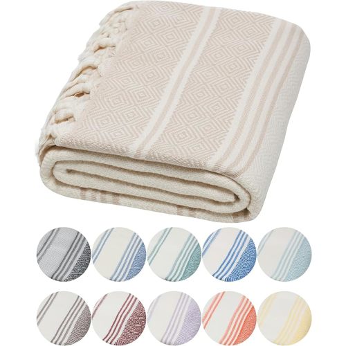 DEMMEX Organic Turkish Cotton Ultra Soft Bath Towel - Luxury Oversized Peshtemal for Bathroom, Bath Sheet - Lightweight Quick-Drying Beach Towel - Prewashed, Diamond Weave, 71x36'', White-Beige