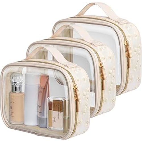 PACKISM Floral Texture TSA Approved Toiletry Bag - 180° Large Opening Clear Makeup Bags with Handle, Easily Access, Quart Size Travel Bag TSA Approved, Thick Non-deformable No Smell, Beige