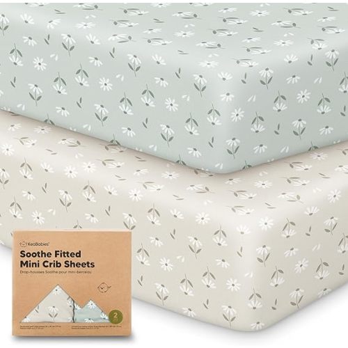 2-Pack Mini Crib Sheets Fitted - 38x26 Pack N Play Sheets for Pack and Play Mattress, Organic Cotton, Soft & Breathable Playard Bedding, Neutral Mini Toddler Bed Cover for Boys, Girls (Daisies)