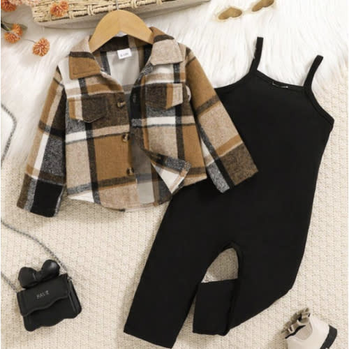 Baby Girl Cute Plaid Faux Pocket Jacket With Black Overall Jumpsuit, Autumn/Winter | SHEIN USA