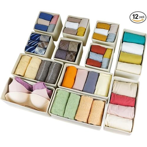 Set of 12 Drawer Organizer, Fabric Closet Organizer and Storage Baskets,Foldable Drawer Divider for Clothing,Sock,Ties,Underwear Drawer Organizers,Set of Cabinet Storage Boxes (Beige)