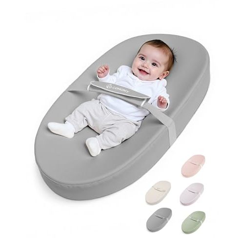 COMOMY Baby Changing Pad with Wipeable & Waterproof PU Cover, Contoured Diaper Changing Pad for Dresser with Non-Slip Safety Belt, Portable and Lightweight, Large Cushioned Foam, Gray