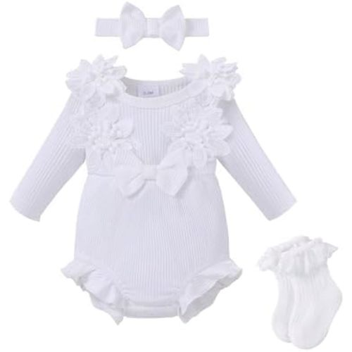 Renotemy Baby Girl Clothes Ruffle Bodysuit Romper Long Sleeve Cotton Outfit with Headband Preemie Newborn Fall Winter Gifts