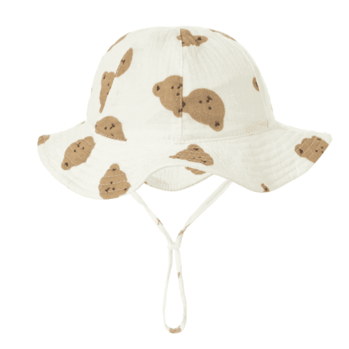 SnD Plus Baby Adjustable Bucket Hat Breathable Muslin Cotton Sun Hat Wide Brim Sun Protection Bucket Cute Unisex Baby Boys Girls 0-5 Years Bear