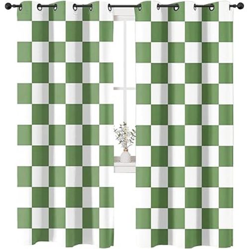 Blackout Curtains 84 Inches Long, Checkered Green Sage 2 Panels, Retro Checkerboard Room Darkening Thermal Insulated Soundproof Grommet Window Treatments Drapes,52X84