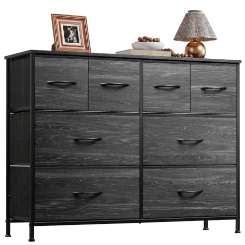 WLIVE Wide Dresser for Bedroom, 8 Drawer Chest of Drawers, Black Wood Grain | 8 roomy fabric drawers, Wide storage design, Bedroom or closet use, Sturdy steel frame, Smooth wood tabletop