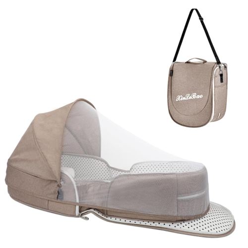 Portable Bassinet for Baby Travel Lounger Foldable Baby Co-Sleeping Bed with Mosquito net + Cool mat Carry Bag & Storage Pocket (Khaki)
