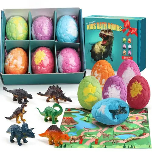 Bath Bombs for Kids with Surprise Inside, 6 Pack Dinosaur Bath Bombs Gift Set, Organic Bubble Bath Fizzies with Dinosaur Egg Toys & Dino Themed Mat, Birthday Gifts for Kids Boys, Girls 3-12