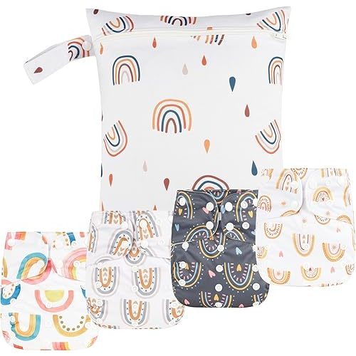 9 Sets Newborn Baby Cloth Pocket Diapers Adjustable Reusable for Baby Boys and Girls(6-33 pounds,0-3 Years),One Wet Bag+4Diapers and 4Inserts (AD06)