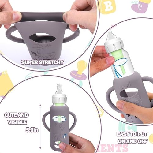 BUSOHA 3 Pack Silicone Sleeves for Dr. Brown's Glass Baby Bottles - Drop Protection Baby Bottle Sleeves,Compatible with Dr. Brown's Newborn Glass Bottles,with Silicone Handles,8 oz