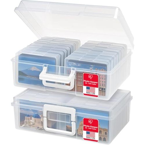 IRIS USA 4" x 6" Photo Storage Box Craft Keeper, 2-Pack, Transparent Handle Container with 16 Organization Holder Cases for Pictures, Tasks, Scrapbooking, Stationery Storage, Clear