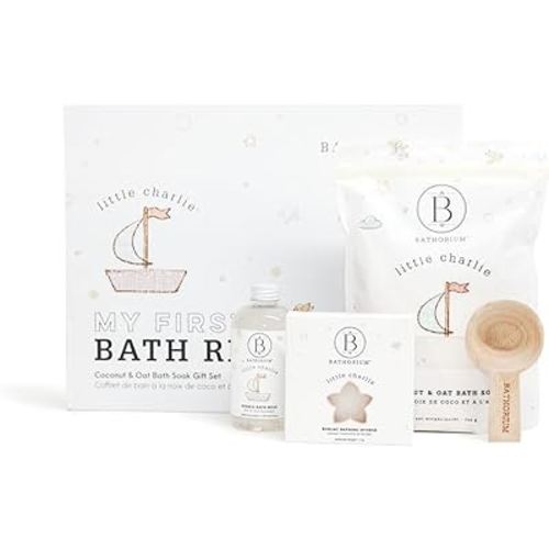 Bathorium Little Charlie My First Bath Ritual Gift Set, Bath Kit with Oat, Coconut & Organic Oils, Soothing Soak, Bubble Bath, Konjac Sponge & Scoop, Gentle, Fragrance-Free Skincare for Babies