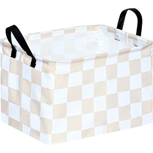 Beige Check Storage Basket Baby Toys Organizer Bins Decorative Gifts Bakset Waterproof Nursery Hamper Women Storage Cube Kids Laundry Basket for Home/Dorm/Kitchen/Pet/Office/Closet/Shelf/