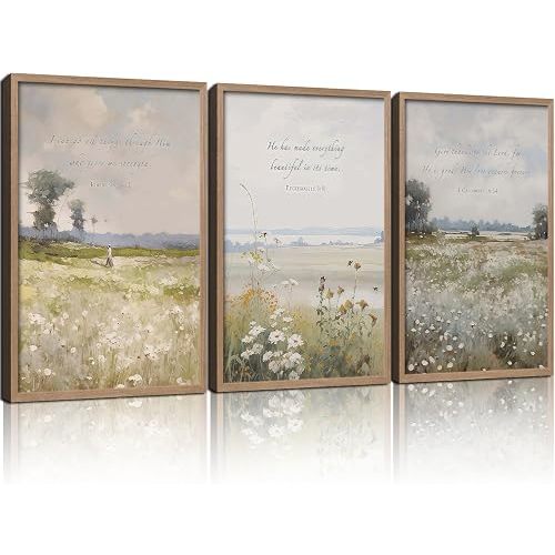 3Pcs Framed Bible Verse flowers Canvas Wall Art Botanical Inspirational Prints Religion Christian Gallery Posters Home Decor Living Room Bedroom Church Prayer Room 12x16 Inch Ready to Hang
