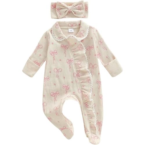 allshope Newborn Baby Girl Fall Outfit Romper Footies Waffle Bow Zip Up Footed Jumpsuit Ruffle Trim Infant Clothes