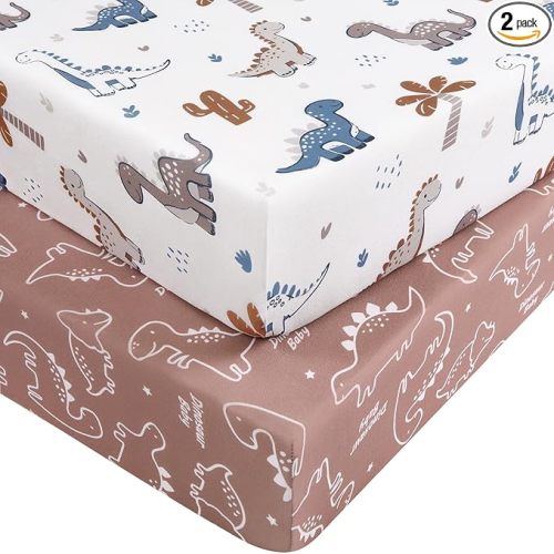 Pack and Play Sheets for Boys Girls, 38" x 26" Mini Crib Sheets Fitted for Pack n Play Mattress, Soft Breathable Playard Sheets, 2-Pack Brown Dinosaur