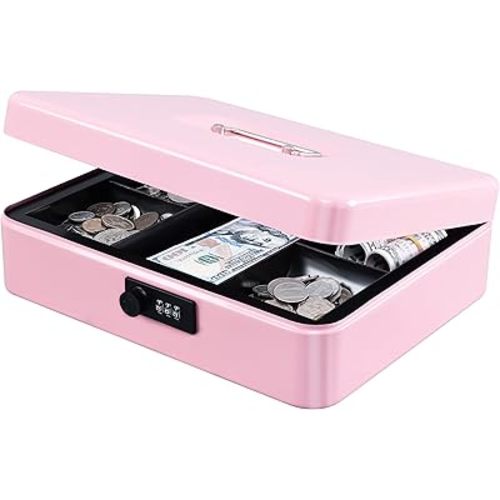 KYODOLED Metal Cash Box with Combination Lock Money Box for Cash Safe Metal Box with Money Tray for Security Lock Box 11.81"x 9.45"x 3.54" Pink X Large