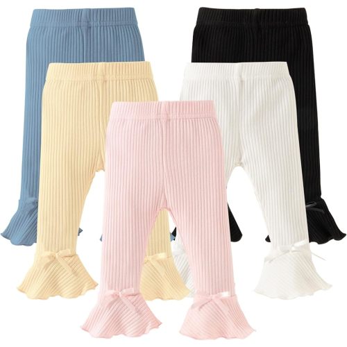 DREAM BUS 5 Pack Baby Pants Toddler Girl Ribbed Ruffle Bell Bottoms Toddler Leggings Baby Boy Pants Newborn Girl Flare Pants