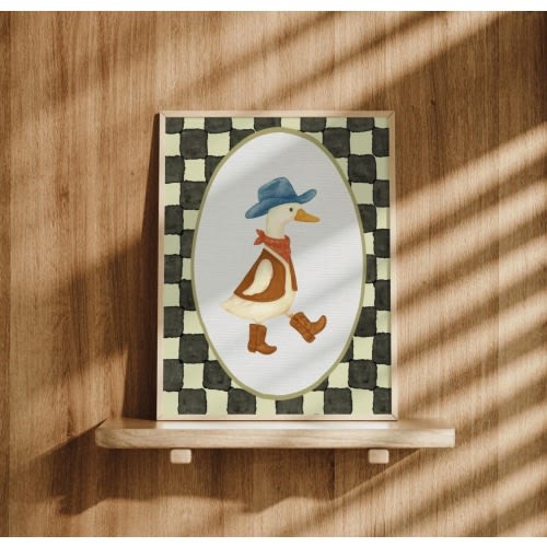 Vintage Cowboy Goose Nursery Wall Art, Toddler Western Theme Download, Checkered Baby Boy Nursery Wall Decor, Western Duck Printable Art