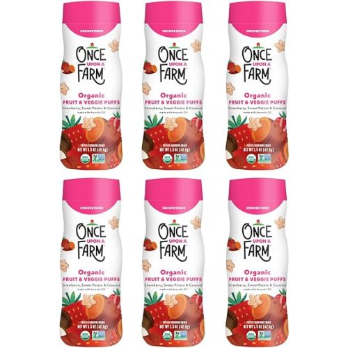 Once Upon A Farm Strawberry, Coconut & Sweet Potato Puffed Sorghum Snack, Fruit & Veggie Puffs, Non GMO, 1.5 Ounces (Pack Of 6)