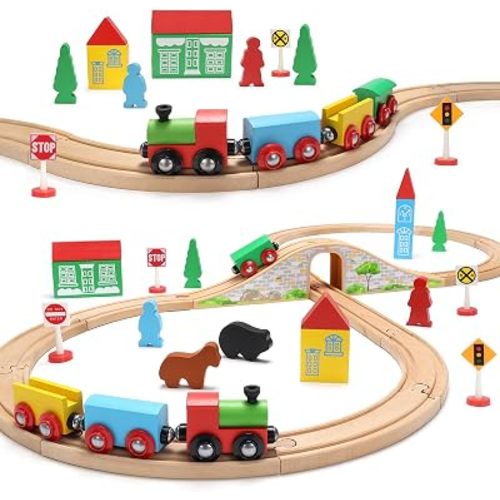 SainSmart Jr. Wooden Train Set for Toddler with Double-Side Train Tracks Fits Brio, Thomas, Melissa and Doug, Kids Wood Toy Train for 3,4,5 Year old Boys and Girls