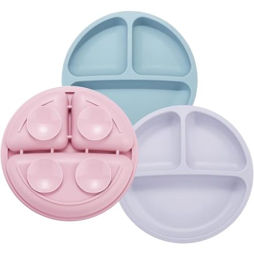 PandaEar 3 Pack Toddler Plates, Silicone Divided Suction Plate for Babies, BPA-Free 100% Food-Grade Silicone Unbreakable Baby Plate (Pink/Purple/Blue)