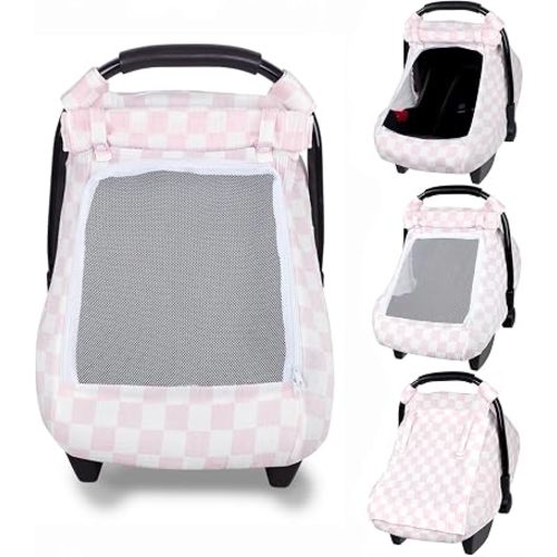 Car Seat Cover Baby Girls, Infant Car Seat Cover for Summer Use, Muslin Carseat Cover with Large Mesh Window, Breathable Newborn Car Seat Canopy, Pink Checkerboard