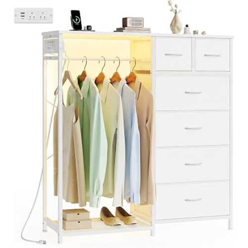 SONGMICS Dresser with Hanging Rod, Closet Organizer with 6 Fabric Drawers
