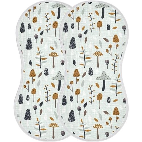 Muslin Burp Cloths for Baby Boys and Girls - 2-Pack Ultra Absorbent Mushroom Muslin Washcloths, Newborn Towel, Milk Spit Up Rags, Burp Cloth Bibs for Unisex, 22 x 11 Inch