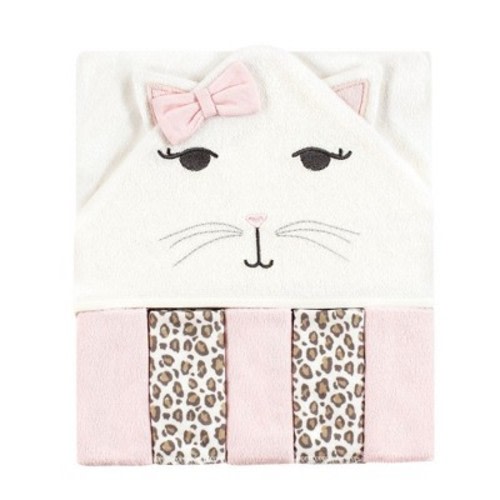 Hudson Baby Infant Girl Hooded Towel and Five Washcloths, Kitty, One Size