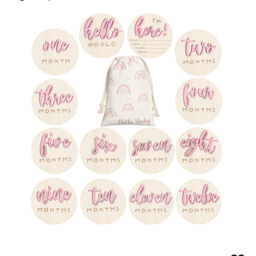 3D Baby Monthly Milestone Card Signs Baby Announcement Sign 7 Pack Double Sided Hello World Newborn Signs Wooden Circles Discs for Welcome Newborn Shower Boy Girl Photo Props(Pink)
